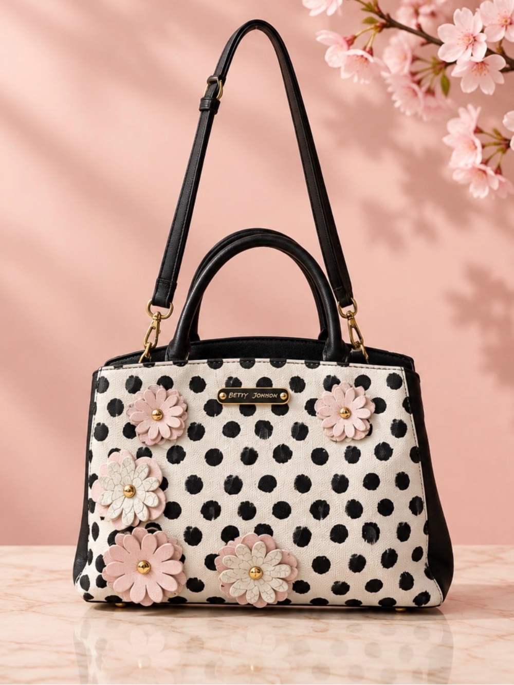 Betsey Johnson Black & White Polka Dot Satchel with Pink Floral Appliqués